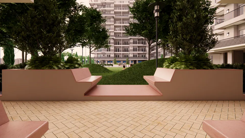 Rendered paved plaza with angular built-in seats against raised planters, a grassy mound beyond
