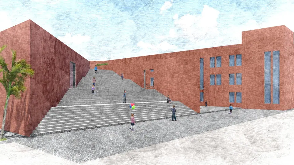 Watercolour-style render of wide steps rising between brick-red walls, with students sitting and walking