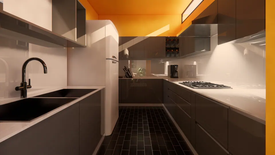 Rendered kitchen with dark grey cabinets, white counters, a black sink and a yellow ceiling above