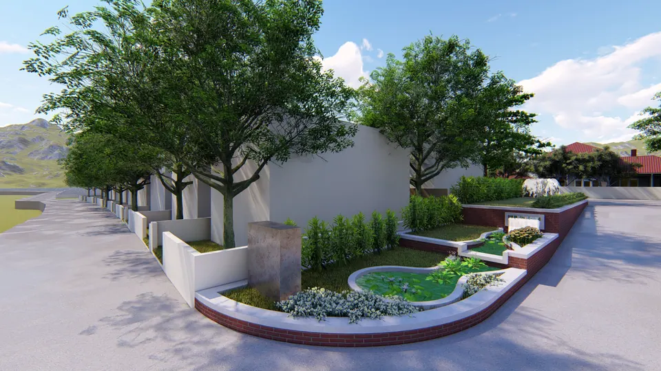 Rendered lily pond and planting in a curved brick-edged bed along the boundary wall