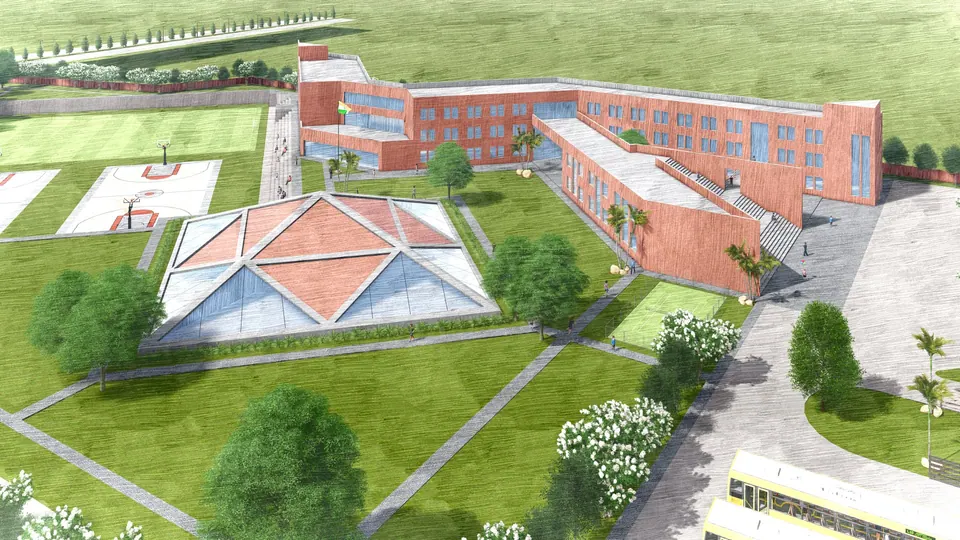 Watercolour-style aerial render of the school: brick-red blocks around lawns, a pyramid-roofed glass pavilion and sports courts