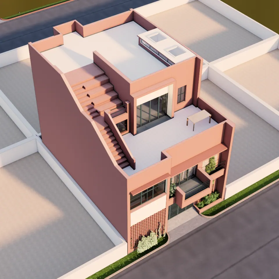 Rendered aerial view of the house: stepped roof terraces, an external stair along the side wall and skylights