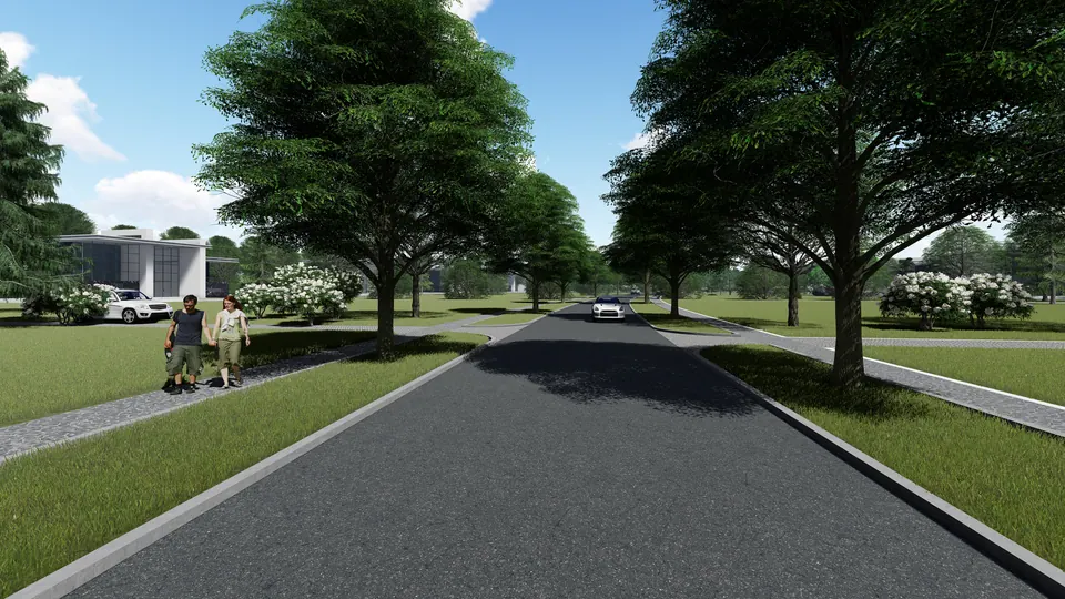 Rendered residential street under large shade trees, a couple walking on the lawn verge and white houses