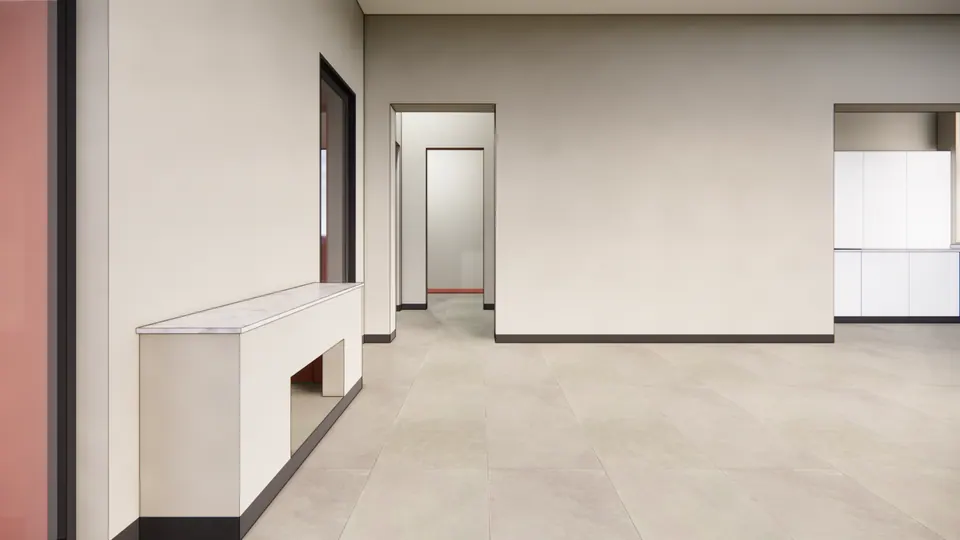 Rendered hall with a white built-in console, doorways to adjoining rooms and kitchen units beyond