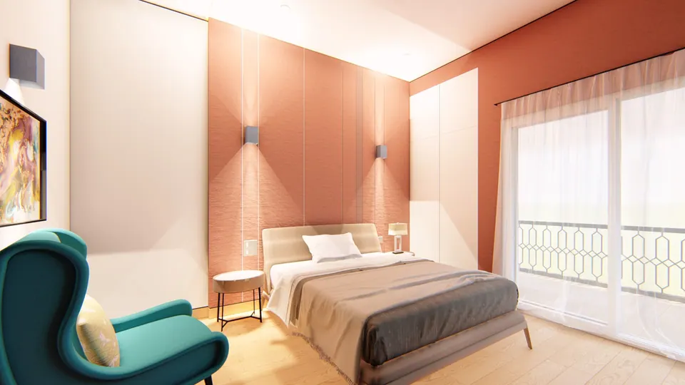 Rendered bedroom with terracotta wall panels, a teal wing chair and sheer curtains to the balcony
