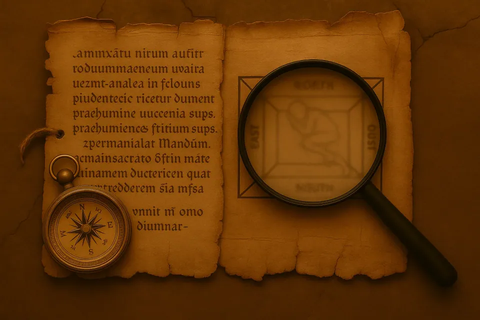 An old parchment with illegible script, a brass compass and a magnifying glass over a square diagram marked with the cardinal directions