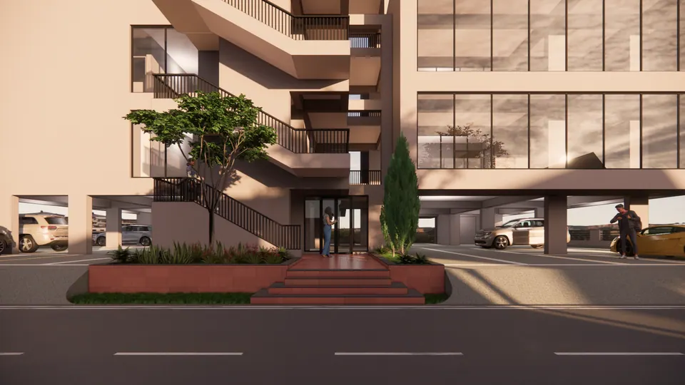 Rendered club house entrance: red steps between planters under an external stair, parking beneath the building