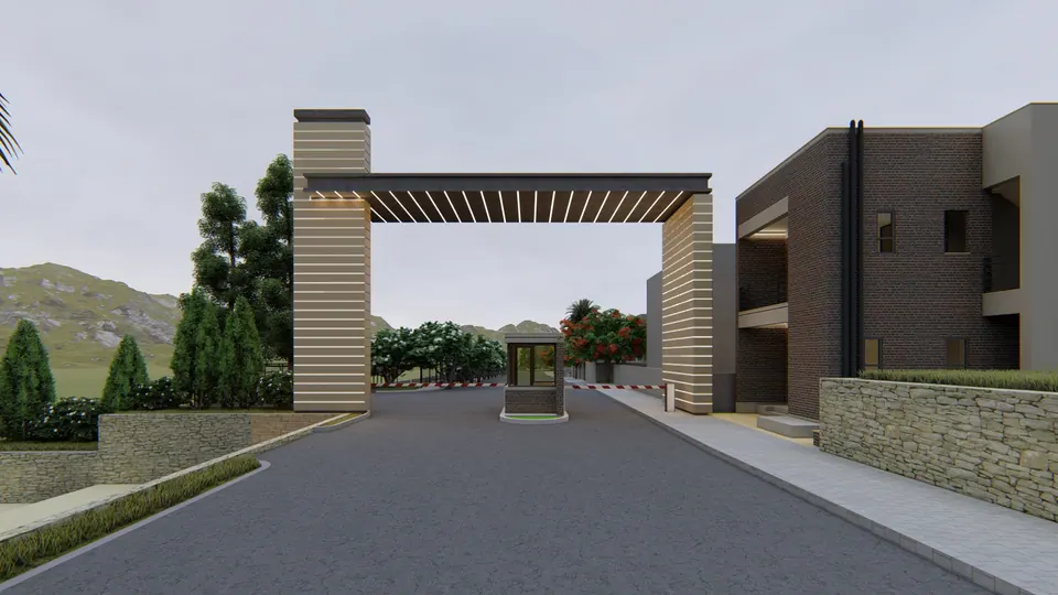 Rendered entrance gateway with a slatted beam on two stone-banded piers, a guard booth and a brick-clad building