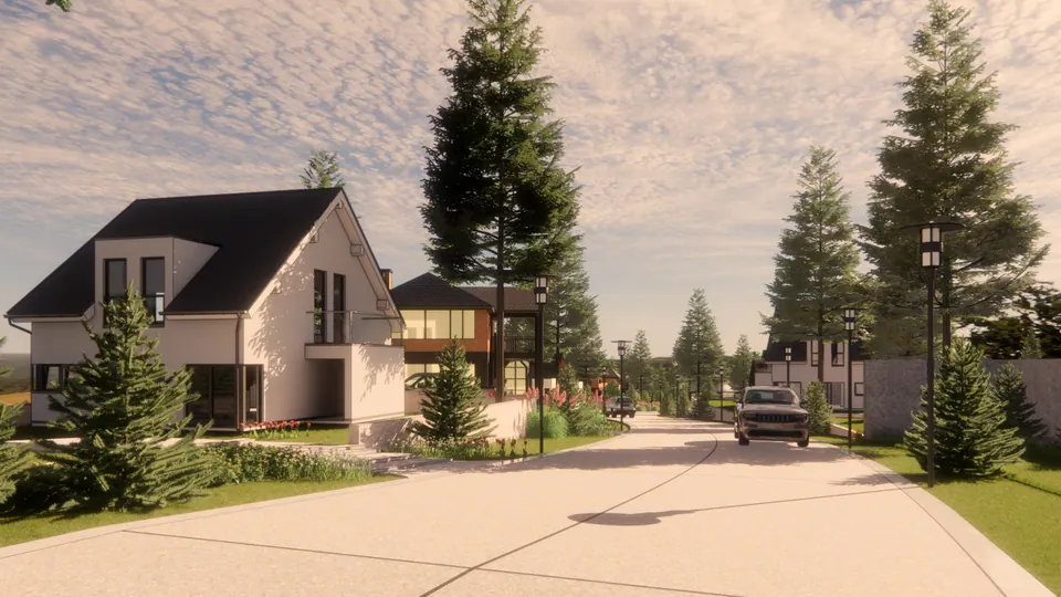 Rendered street with a white gabled house, conifers and a car approaching
