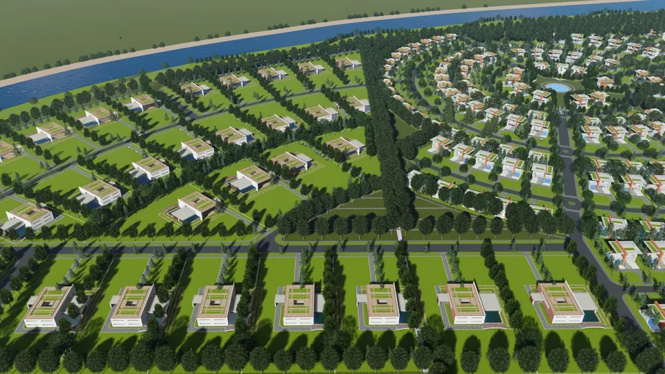 Rendered aerial of house plots in rows along tree-lined streets, curving towards the circular core