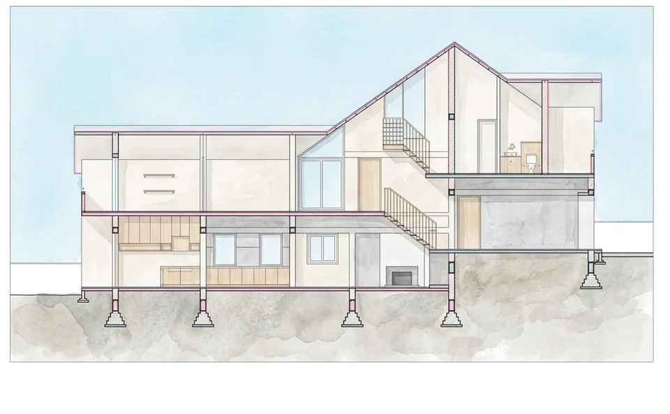 Watercolour-style long section through two floors and an attic under a pitched roof, with stairs and footings