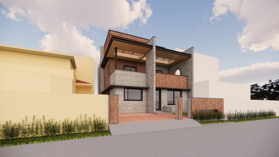 Rendered oblique street view of the house between neighbours: stone and terracotta volumes, a round window and a slatted gate
