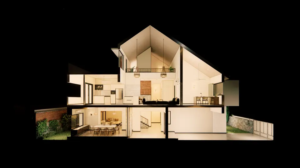 Rendered sectional perspective on black: the house cut open to show rooms on two floors under the pitched roof, between garden walls