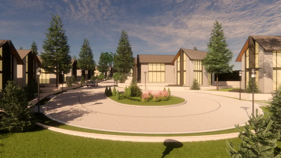 Rendered turning circle with a flowering island, gabled houses with tall windows around it