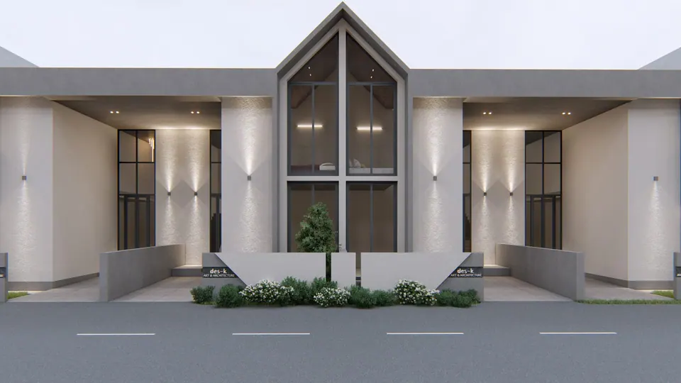 Rendered facade with a central grey gabled glazed bay between two lit recessed entrances and low planted boundary walls
