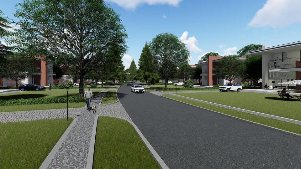 Rendered residential junction with lawns, a stone footpath and houses with brick feature walls behind trees