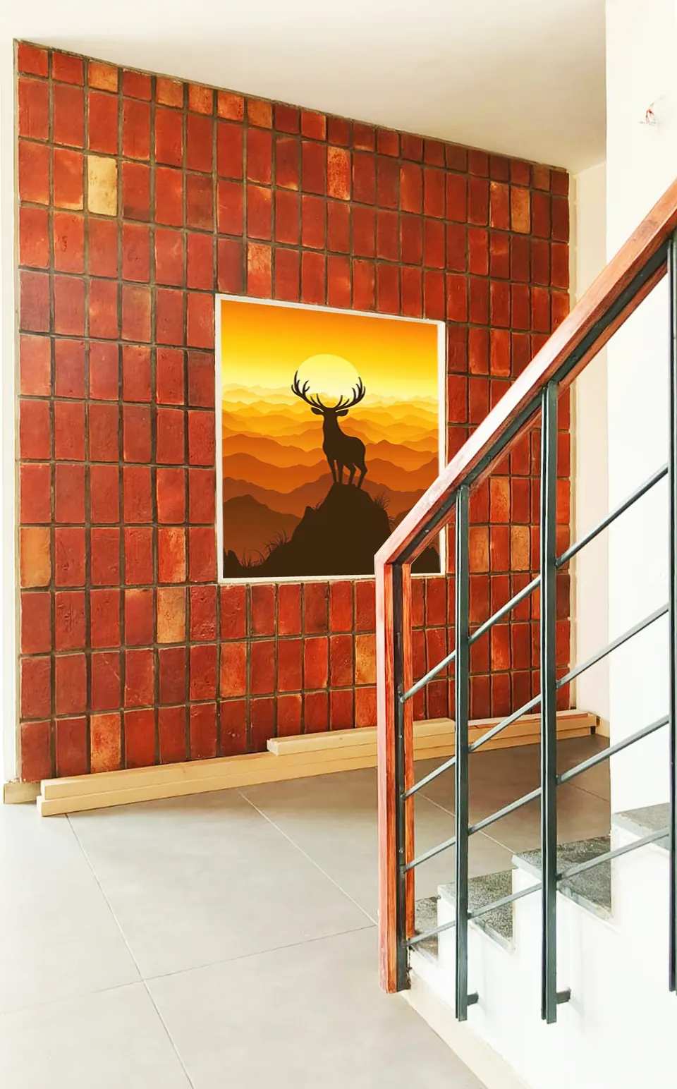 Brick-tile feature wall with a framed stag print beside a stair with a timber handrail and steel balusters