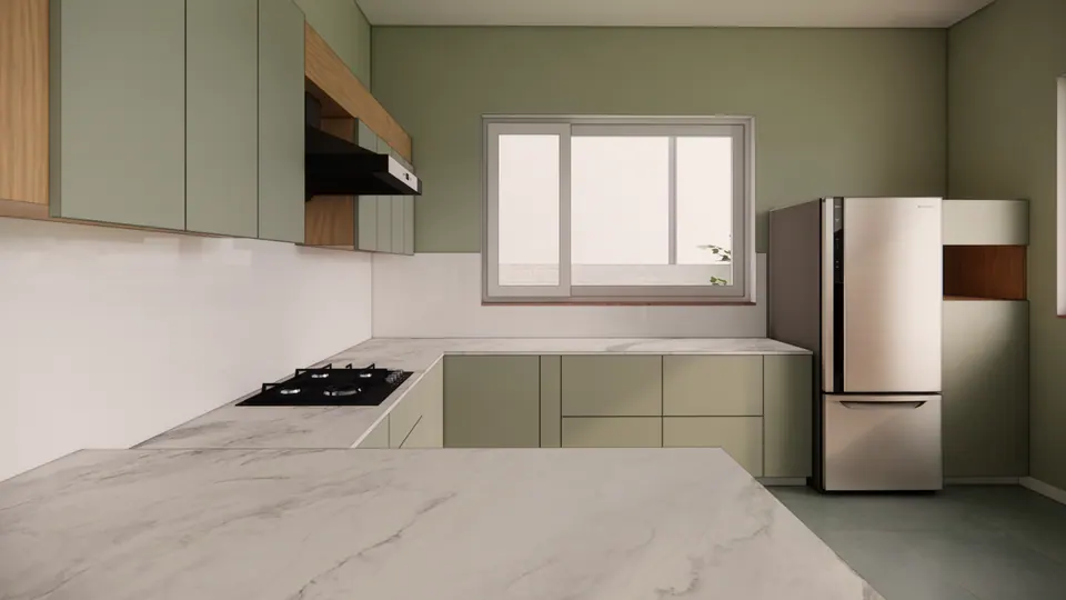 Rendered kitchen corner: an L-shaped marble counter, a hob, a steel fridge in a tall unit and a sliding window