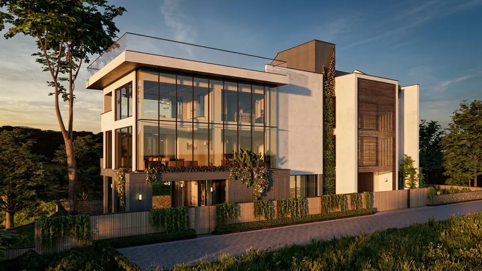Rendered oblique view: a cantilevered roof over a full-height glazed living space, a stone base and a brick-paved drive