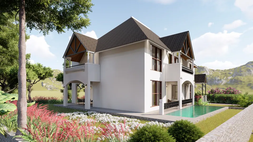 Rendered side view: white walls, a gabled balcony and a long pool beyond flowering beds