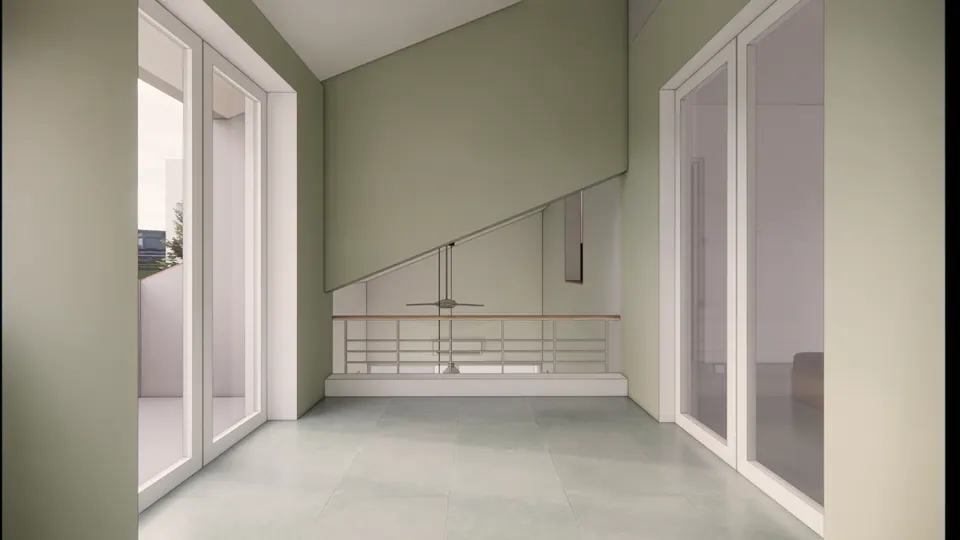 Rendered upper landing: a sage-green wall below a sloping ceiling, a railing over the void and glazed doors either side