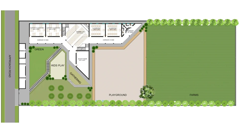 Coloured site plan: classrooms and an assembly hall along one edge, with a kids' play area, gathering steps, a playground and farmland