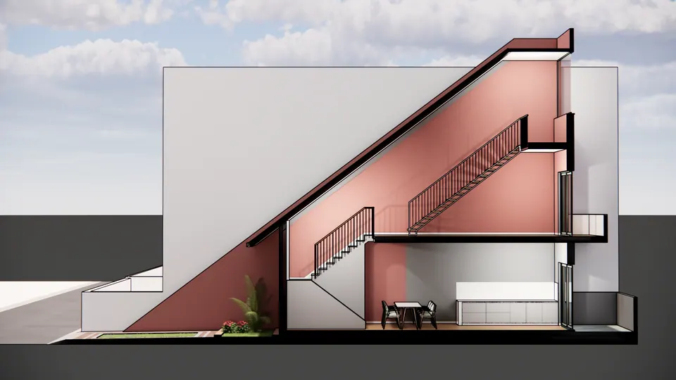 Rendered sectional perspective: the roof sloping to the front garden, stairs rising through a pink double-height space, the dining area below
