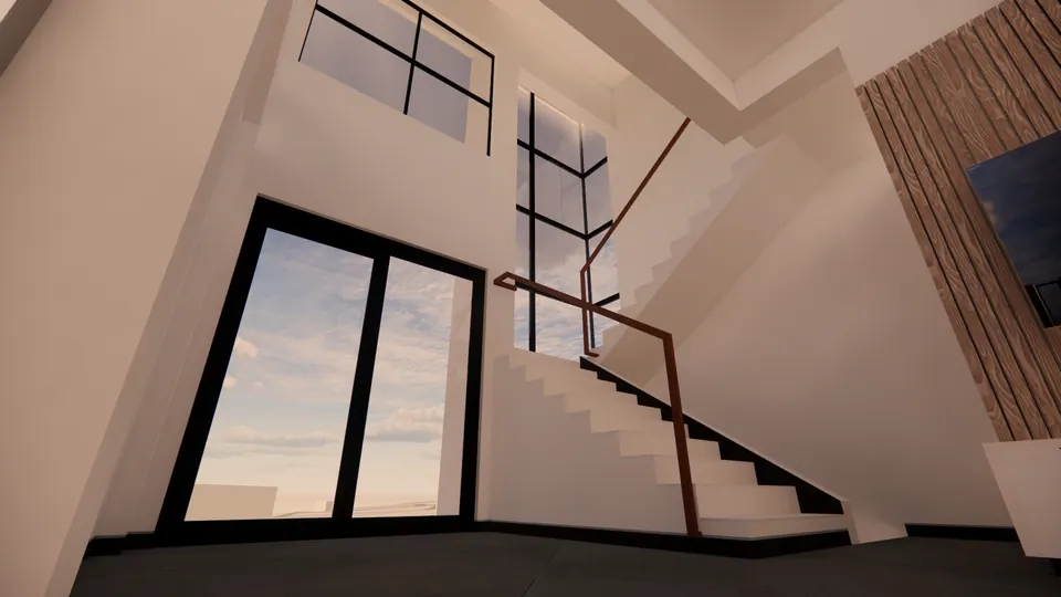 Rendered stair beside a double-height glazed wall and a slatted timber wall