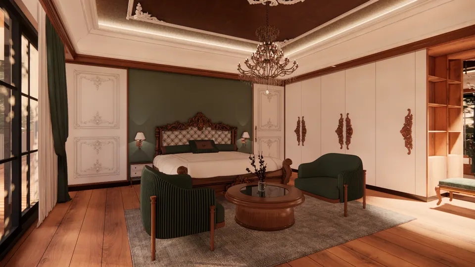 Rendered bedroom from the window: cream panelled walls with plaster ornament, a green wall behind the bed and a dressing area