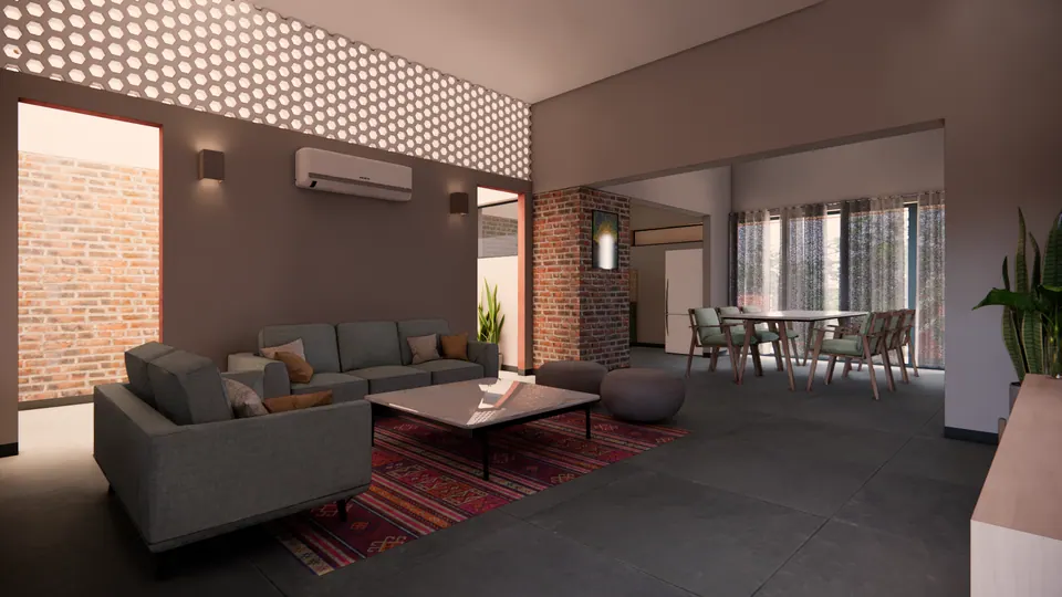 Rendered living room: grey sofas on a red and blue patterned rug, an exposed-brick pier and a perforated jali clerestory