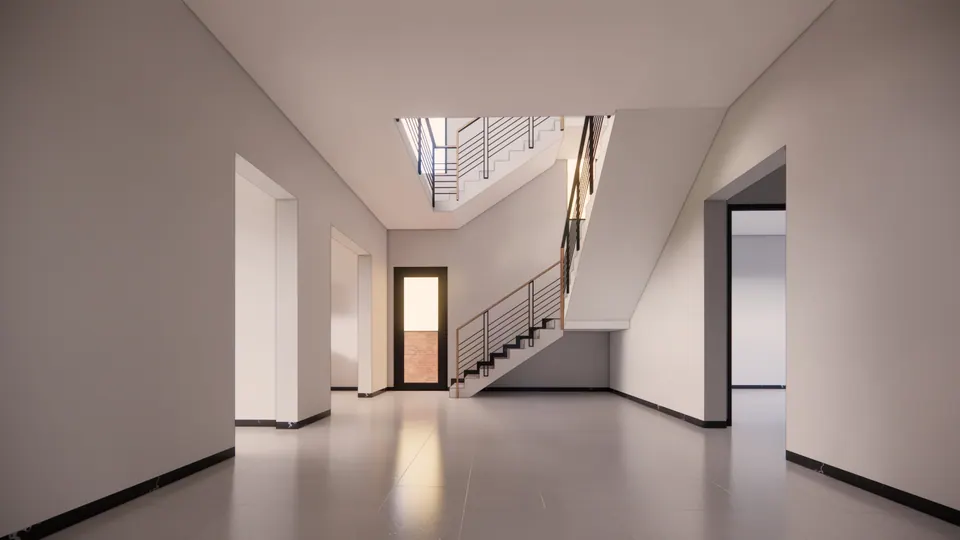 Rendered stair hall in plain white: a dog-leg stair with black railings rising past door openings