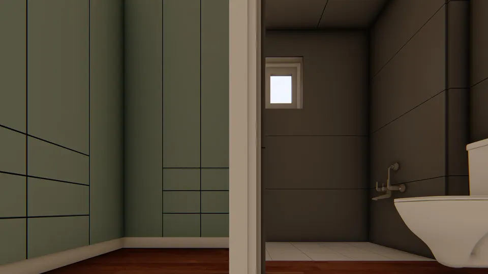 Rendered bathroom with sage wardrobe panels, a dark tiled wall, a wall-hung WC and a small window