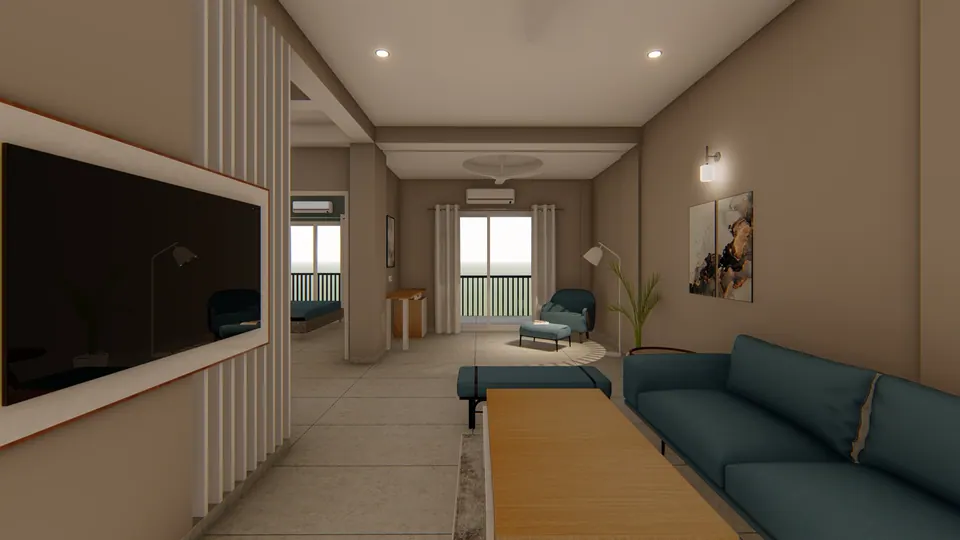 Rendered view past a TV screen wall to a teal sofa, a reading chair and the balcony door