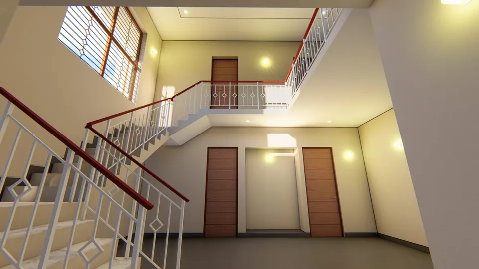 Rendered stair rising to a landing with a white balustrade and red handrail, timber doors on the upper floor