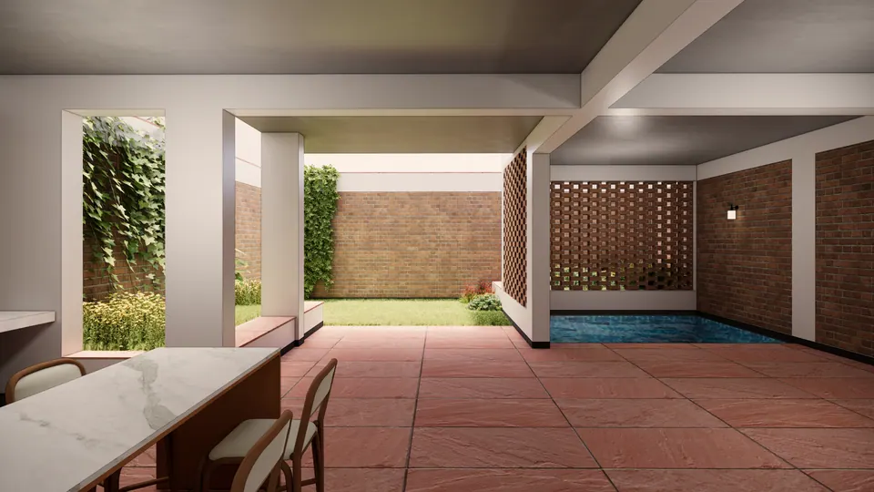 Rendered verandah looking out to a lawned court with brick walls, and to a pool screened by a brick jali wall