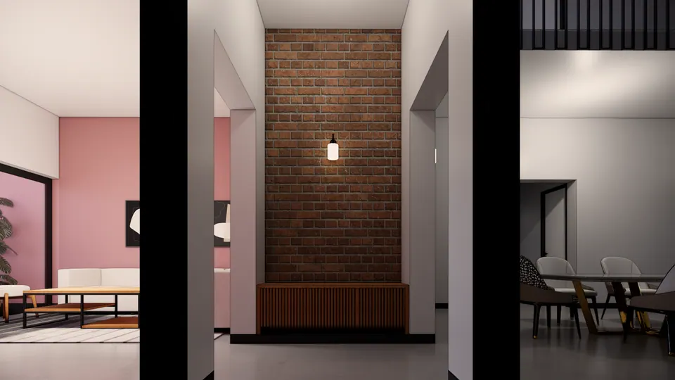 Rendered hall: a brick-faced niche with a wall light and a slatted timber console, between a lounge with dusky pink walls and the dining area