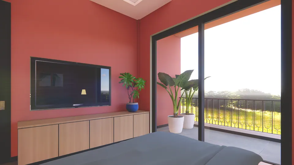 Rendered bedroom wall with a screen above a timber unit, potted plants and glazed doors to a balcony with a hill view