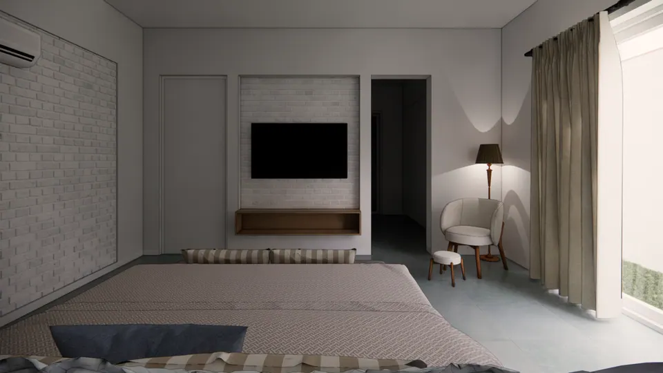 Rendered bedroom seen from the bed: a TV on a white brick wall, a reading chair and lamp, and curtained glass doors