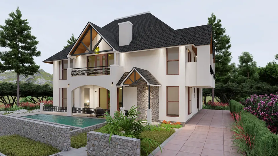 Rendered entrance front: an arched porch, a stone-clad entrance gable and a pool beside a paved path, under steep dark roofs