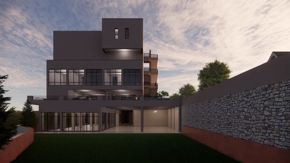 Rendered rear elevation at dusk with lit glazed floors over a lawn between stone retaining walls