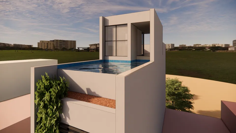 Rendered roof terrace with a plunge pool beside the stair-head room, climbing plants and neighbouring roofs