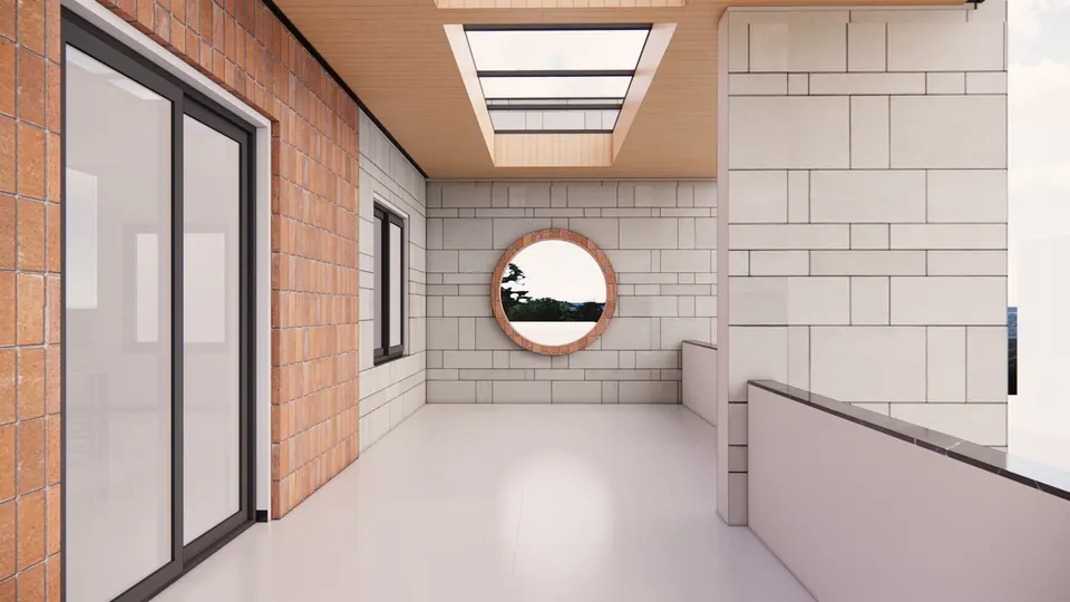 Rendered upper terrace: a circular window in a stone-block wall, terracotta tile cladding, sliding doors and a skylight above