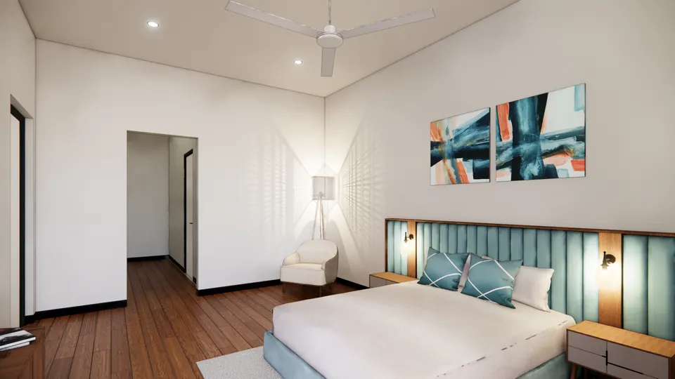 Rendered bedroom with a timber floor: a teal upholstered headboard under two abstract prints, and an armchair beside a floor lamp