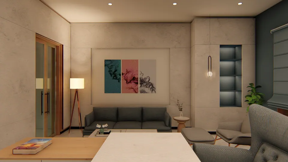 Rendered sitting area seen across the desk: grey sofa beneath a teal and pink triptych, glazed timber door at left