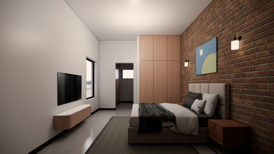 Rendered bedroom: an upholstered bed against an exposed-brick wall, a full-height timber wardrobe and a TV over a floating timber console