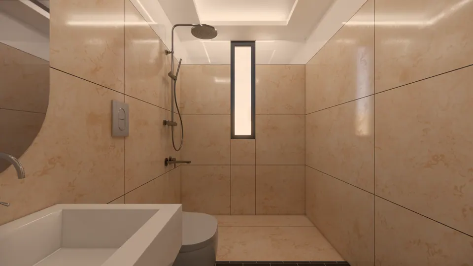 Rendered bathroom with beige marble tiles, a rain shower, a slim window and a white basin