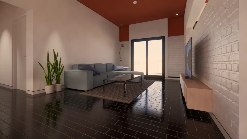Rendered lounge with a grey sofa, a glass table, potted plants and a glazed door under a terracotta ceiling