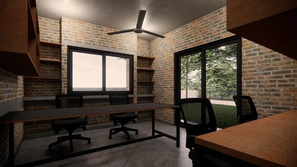 Rendered study with long desks and office chairs, timber shelves, a window and a glazed door to the garden