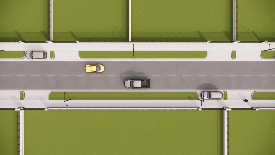 Rendered top-down view of the street: a two-lane road with cars, footpaths, planted verges and lawned plots on both sides