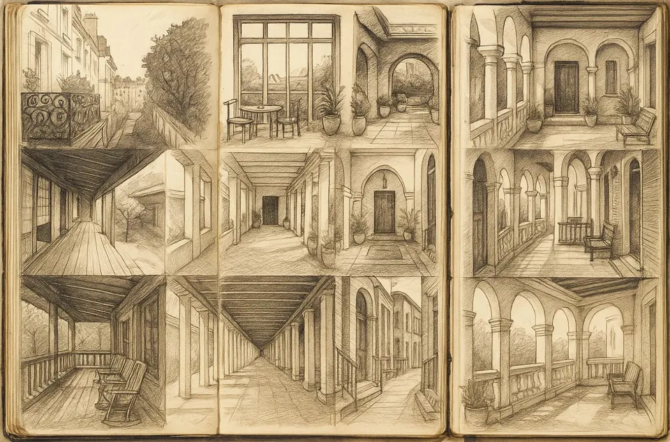 An open sketchbook filled with pencil sketches of balconies, verandas, arcades, courtyards and colonnades